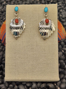 TURQUOISE & CORAL FEATHER EARRINGS  - GENEVIEVE FRANCISCO