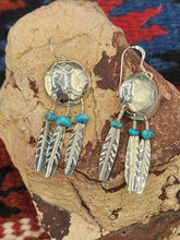 Load image into Gallery viewer, TURQUOISE SHIELD WITH 3 FEATHERS EARRINGS  - CATHY MARTIN
