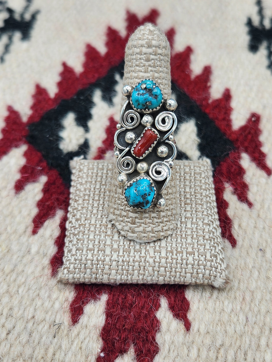 TURQUOISE & CORAL RING - SHIRLEY LARGO - SIZE 8