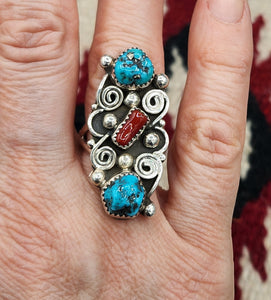 TURQUOISE & CORAL RING - SHIRLEY LARGO - SIZE 8
