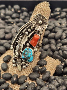 TURQUOISE & CORAL LARGE RING - SIZE 8 - LHN