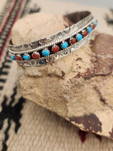 Load image into Gallery viewer, ZUNI TURQUOISE & CORAL SNAKE EYE CUFF BRACELET- JASON & PEARL UKESTINE