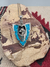 Load image into Gallery viewer, LARGE TURQUOISE CHIP INLAY ARROWHEAD PENDANT FEATURING WOLF