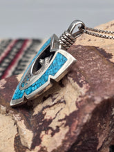 Load image into Gallery viewer, LARGE TURQUOISE CHIP INLAY ARROWHEAD PENDANT FEATURING WOLF