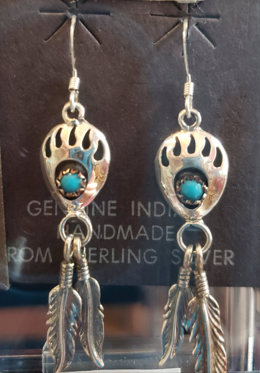 TURQUOISE BEAR PAW Earrings w/ 2 Feathers- LETA PARKER – Southwest