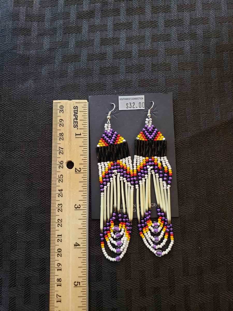 Native Made Shield Porcupine Quill and Bead Earrings by Cree 2024 Descendant