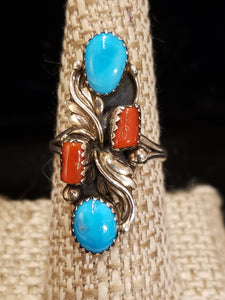 TURQUOISE & CORAL Ring - size 9- LEO HARVEY