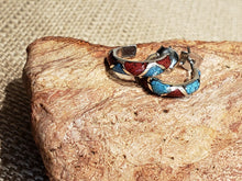 Load image into Gallery viewer, TURQUOISE & CORAL CHIP INLAY POST STYLE HOOP EARRINGS