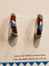 Load image into Gallery viewer, TURQUOISE & CORAL CHIP INLAY POST STYLE HOOP EARRINGS
