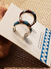 Load image into Gallery viewer, TURQUOISE & CORAL CHIP INLAY POST STYLE HOOP EARRINGS