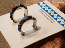 Load image into Gallery viewer, TURQUOISE & CORAL CHIP INLAY POST STYLE HOOP EARRINGS