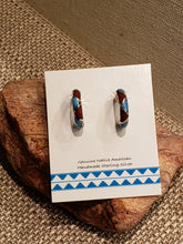 Load image into Gallery viewer, TURQUOISE & CORAL CHIP INLAY POST STYLE HOOP EARRINGS