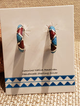 Load image into Gallery viewer, TURQUOISE & CORAL CHIP INLAY POST STYLE HOOP EARRINGS