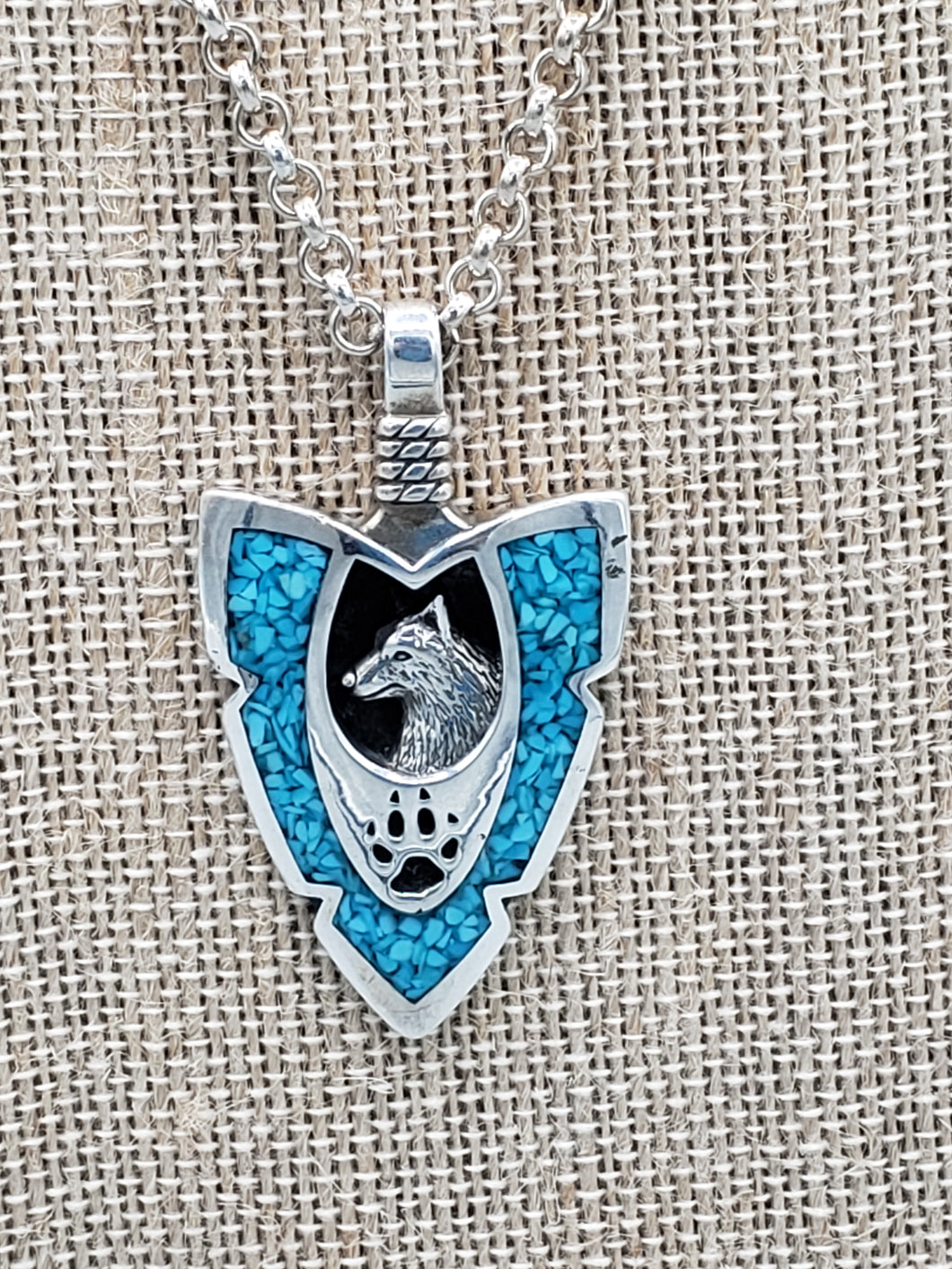 LARGE TURQUOISE CHIP INLAY ARROWHEAD PENDANT FEATURING WOLF