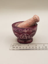 Load image into Gallery viewer, TRIPLE MOON WITH PENTACLE  MORTAR &amp; PESTLE- PURPLE SOAPSTONE
