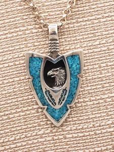 LARGE TURQUOISE CHIP INLAY ARROWHEAD PENDANT FEATURING EAGLE