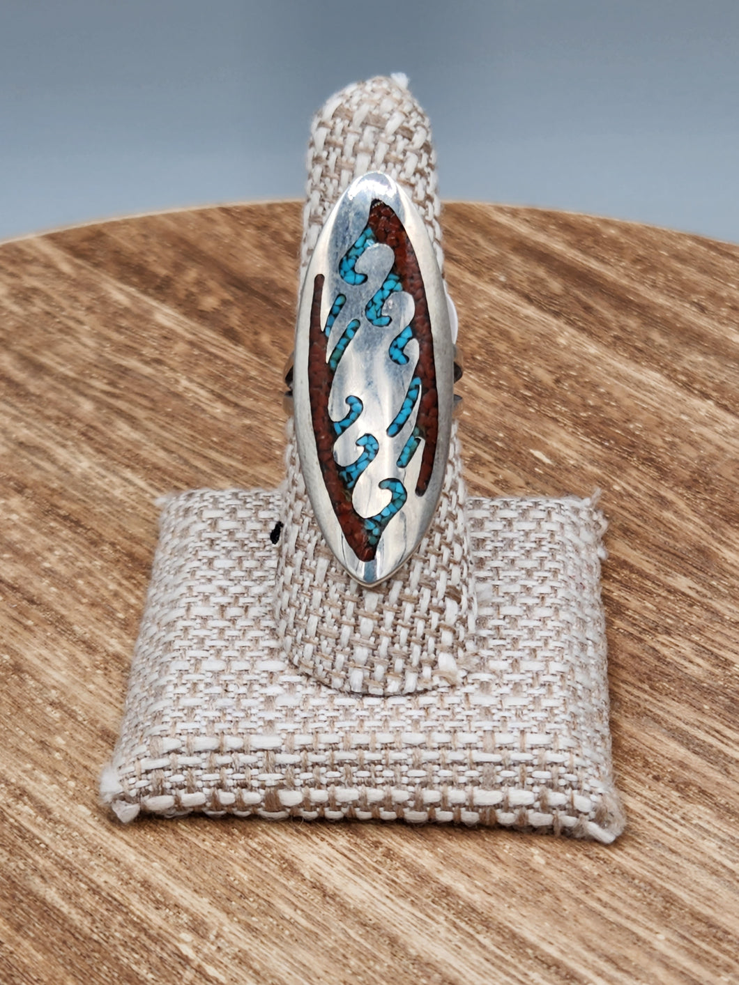 TURQUOISE & CORAL CHIP INLAY RING - SIZE 7 -