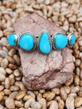 Load image into Gallery viewer, Exquisite 5 Stone Turquoise Cuff Bracelet featuring             Castle Dome Az Turquoise.  Navajo HANDCRAFTED from the 1990&#39;s. 
