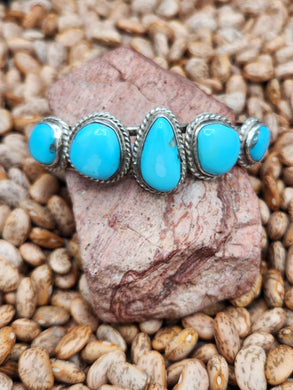 Exquisite 5 Stone Turquoise Cuff Bracelet featuring             Castle Dome Az Turquoise.  Navajo HANDCRAFTED from the 1990's. 