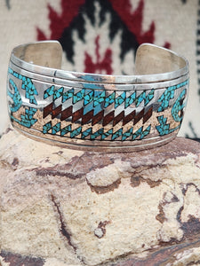 TURQUOISE & CORAL WIDE CHIP INLAY BRACELET - SIGNED