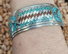 Load image into Gallery viewer, TURQUOISE &amp; CORAL WIDE CHIP INLAY BRACELET - SIGNED
