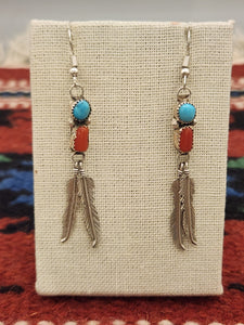 TURQUOISE & CORAL EARRINGS WITH 2 FEATHERS