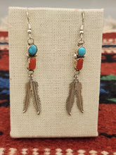 Load image into Gallery viewer, TURQUOISE &amp; CORAL EARRINGS WITH 2 FEATHERS
