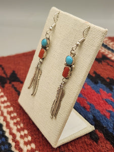 TURQUOISE & CORAL EARRINGS WITH 2 FEATHERS