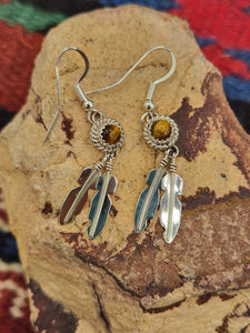 GOLDEN TIGER EYE 2 FEATHER EARRINGS  - SHARON MCCARTHY