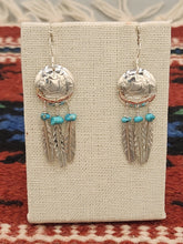 Load image into Gallery viewer, TURQUOISE SHIELD WITH 3 FEATHERS EARRINGS  - CATHY MARTIN
