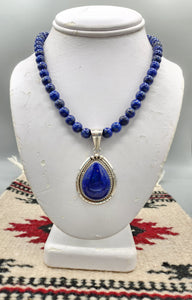 LAPIS TEARDROP PENDANT  ON 8MM BEADS - SAMUEL YELLOWHAIR