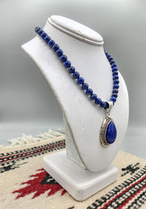 LAPIS TEARDROP PENDANT  ON 8MM BEADS - SAMUEL YELLOWHAIR