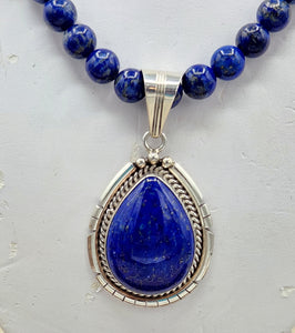 LAPIS TEARDROP PENDANT  ON 8MM BEADS - SAMUEL YELLOWHAIR