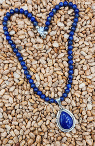 LAPIS TEARDROP PENDANT  ON 8MM BEADS - SAMUEL YELLOWHAIR