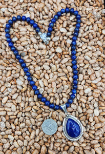 LAPIS TEARDROP PENDANT  ON 8MM BEADS - SAMUEL YELLOWHAIR