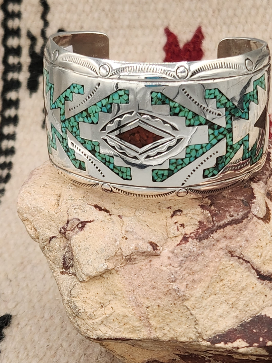 TURQUOISE & CORAL CHIP INLAY CUFF BRACELET - ROBERT BECENTI