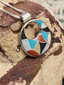 MULTI STONE INLAY CIRCLE PENDANT  - ZUNI - EMMA BOONEY