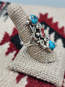 TURQUOISE & CORAL RING - SHIRLEY LARGO - SIZE 8