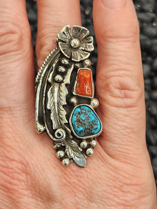 TURQUOISE & CORAL LARGE RING - SIZE 8 - LHN