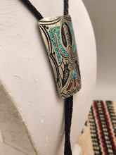 Load image into Gallery viewer, TURQUOISE &amp; CORAL CHIP INLAY PEYOTE BIRD BOLO TIE - JIMMIE NEZZIE
