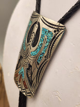 Load image into Gallery viewer, TURQUOISE &amp; CORAL CHIP INLAY PEYOTE BIRD BOLO TIE - JIMMIE NEZZIE
