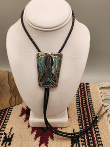 TURQUOISE & CORAL CHIP INLAY PEYOTE BIRD BOLO TIE - JIMMIE NEZZIE