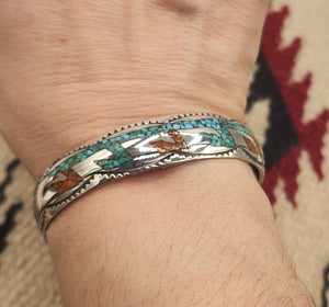TURQUOISE & CORAL CHIP INLAY CUFF BRACELET  - JIMMIE NEZZIE