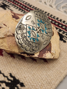 TURQUOISE & CORAL CHIP INLAY BELT BUCKLE - JIMMIE NEZZIE