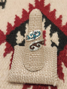 TURQUOISE & CORAL CHIP INLAY BYPASS RING - SIZE 8.5 - JOLEEN YAZZIE