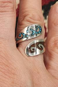 TURQUOISE & CORAL CHIP INLAY BYPASS RING - SIZE 8.5 - JOLEEN YAZZIE