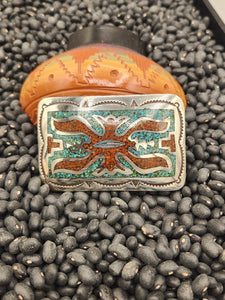 TURQUOISE &CORAL CHIP INLAY BELT BUCKLE  - JUAN T. SINGER