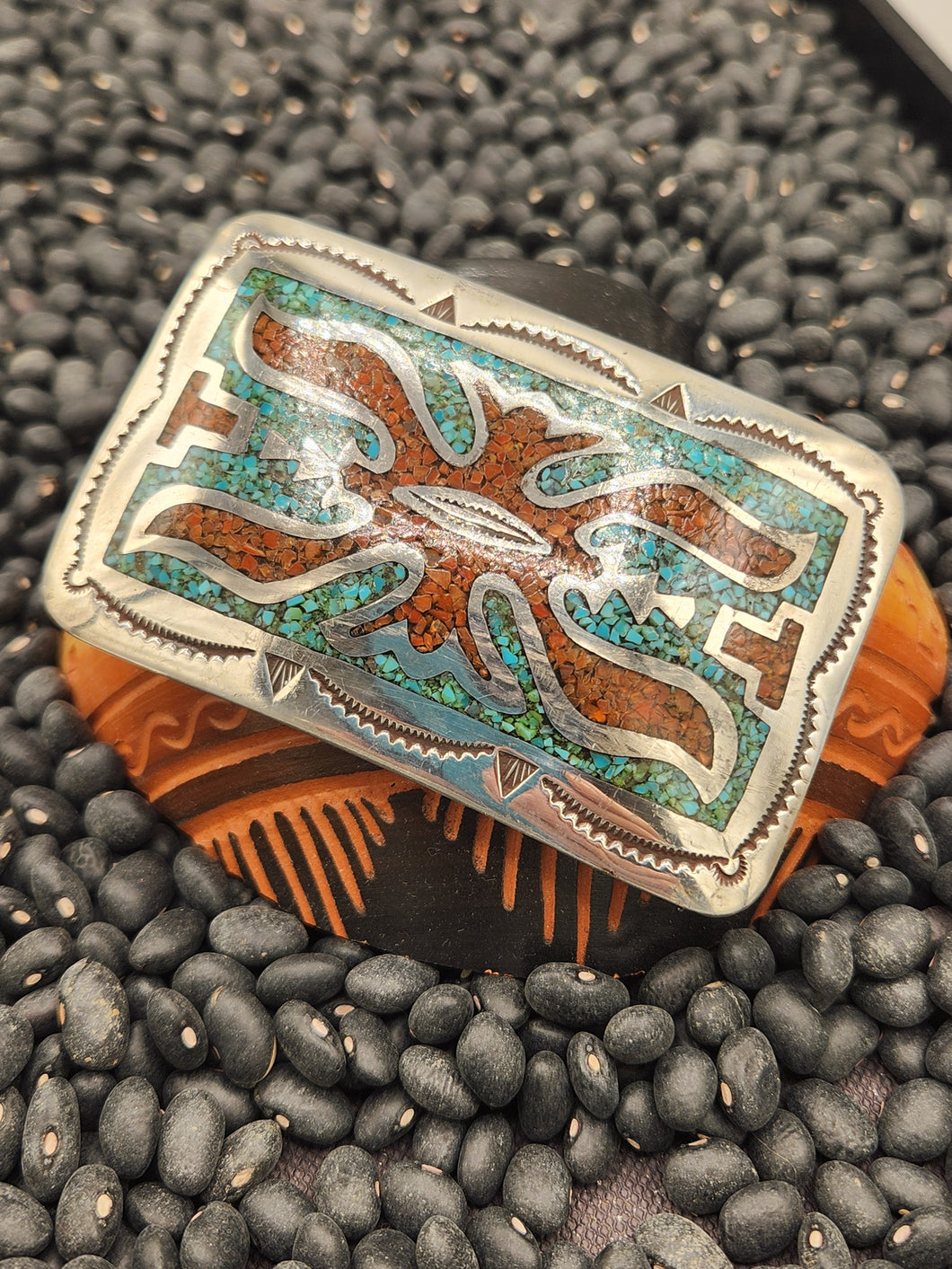 TURQUOISE &CORAL CHIP INLAY BELT BUCKLE  - JUAN T. SINGER