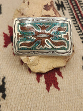 Load image into Gallery viewer, TURQUOISE &amp;CORAL CHIP INLAY BELT BUCKLE  - JUAN T. SINGER
