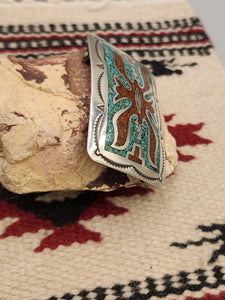 TURQUOISE &CORAL CHIP INLAY BELT BUCKLE  - JUAN T. SINGER